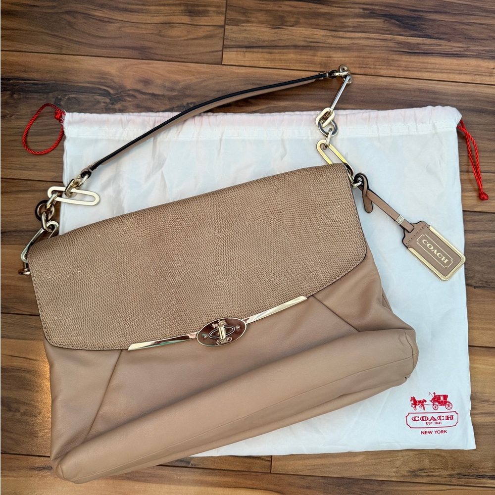 Coach Taupe Leather Shoulder Bag with Woven Flap
